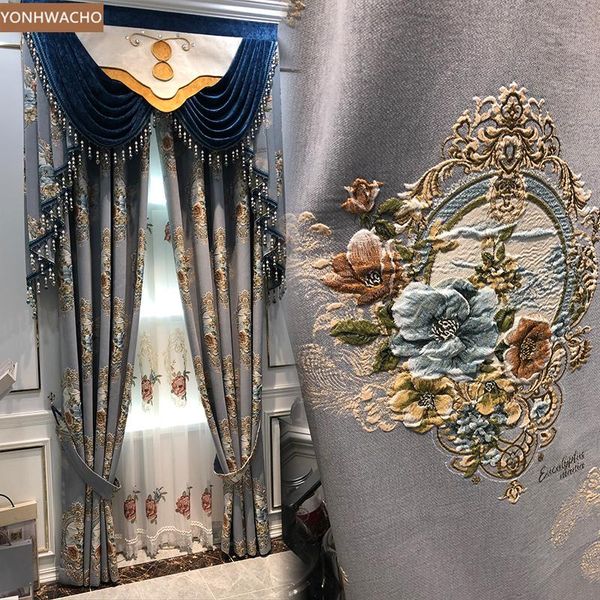 

custom curtain european luxury living room gray chenille jacquard bedroom cloth blackout curtain valance tulle panel c518