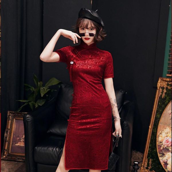 

ethnic clothing women slim lace qipao burgundy prom party dress gown mandarin collar chinese cheongsam vintage button short sleeve vest, Red