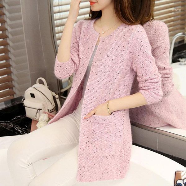 

knitting female cardigan 2021 spring han edition dress long thickening in the pockets of loose sweater1, White;black