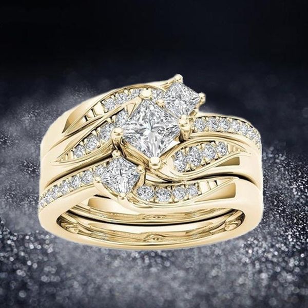 

wedding rings 3pcs/set fashion shiny zircon inlaid gold color bridal engagement ring set jewelry, Slivery;golden