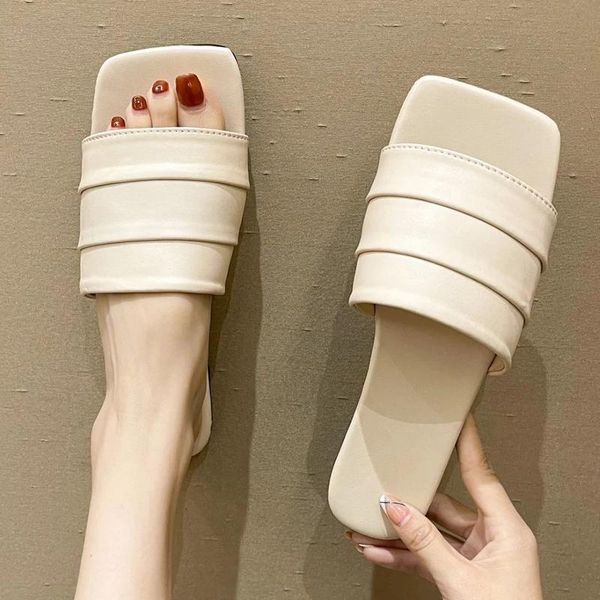 

slippers simplicity women fashion solid color comfortable square head flat shoes beige purple ladies flip flop casual woman shoe, Black