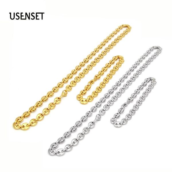 

chains 8mm 11mm 13mm coffee bean necklaces stainless steel pig nose link bracelets set punk hip hop handmade jewelry, Silver