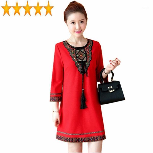 

summer 2021 embroidery spring vintage dress women o-neck ethnic tassel red plus size dresses casual loose vestido wxf760, Black;gray