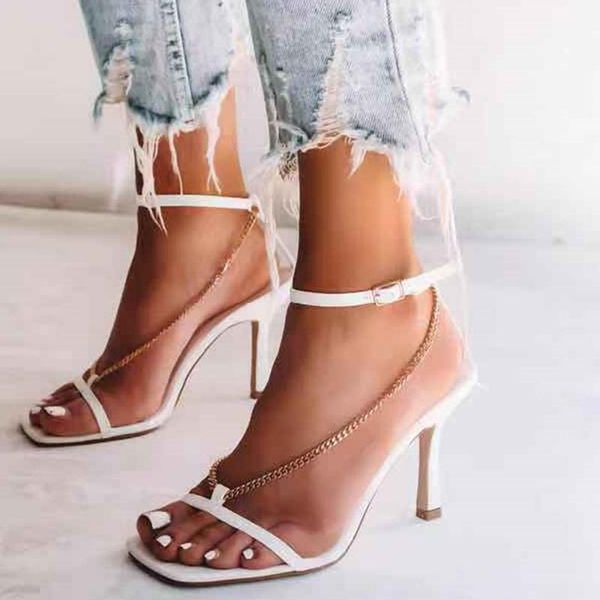 

metal chain ornament square toe ankle buckle strap women fashion sandals summer high heel shoes wholesale, Black