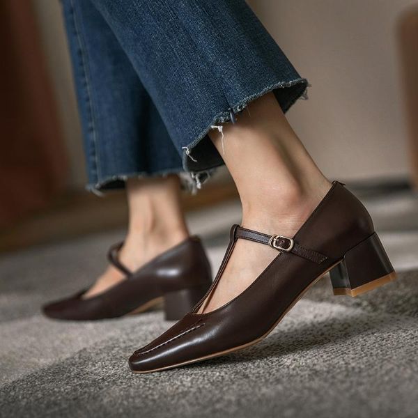 

dress shoes 2021 spring and autumn retro wild mary jane small leather female square head thick buckle single x022, Black