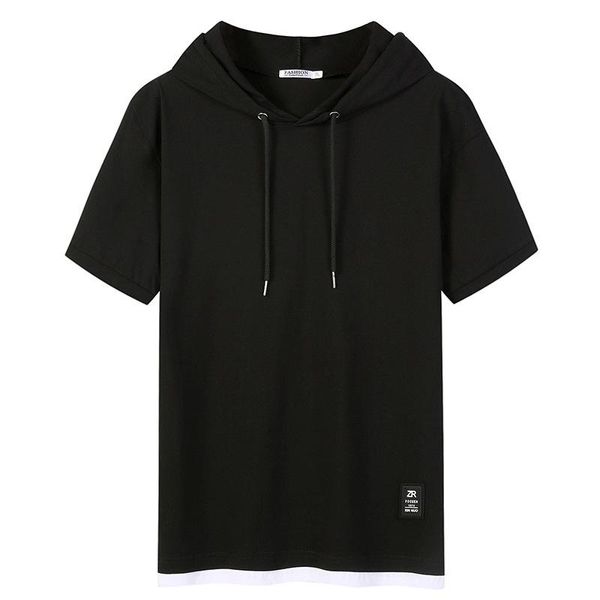 

men's hoodies & sweatshirts men summer fashion solid color hooded male patchwork short sleeve drawstring fake two pieces cotton pullove, Black