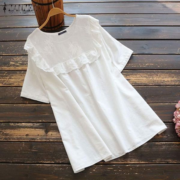 

women's blouses & shirts women summer blouse lace patchwork vintage short sleeve embroidery shirt solid loose blusas tunic chemi, White