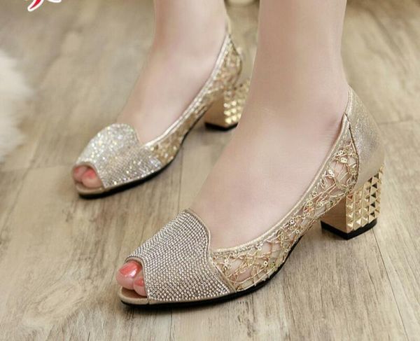 

slippers summer women shallow mouth peep toe rhinestones block med heel shoes gretr, Black