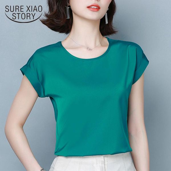 

summer new silk simple solid color blouse woman loose short-sleeved o-neck woman's shirt imitation silk shirt feminine 9227 50, White