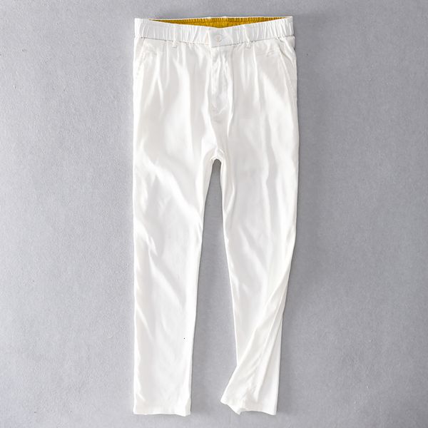 

2021 new summer and autumn ankle-length white linen brand casual pants for elastic waist stretch trousers men solid p49j, Black