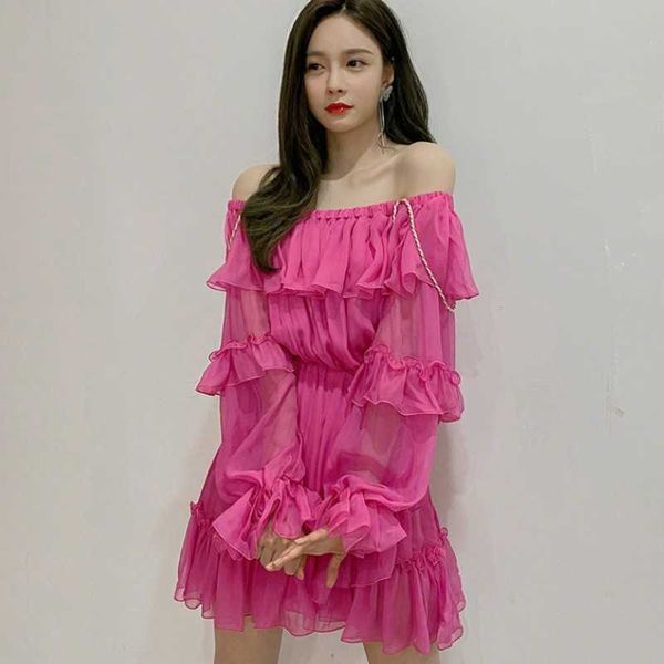 

women chiffon dress slash neck ruffles a-line es lady elegant vintage beach mini vestidos 210526, Black;gray