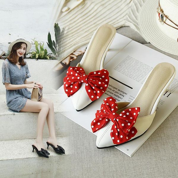 

slippers women flat slip on mules polka dot shoes slides home low heel ladies fashion1, Black