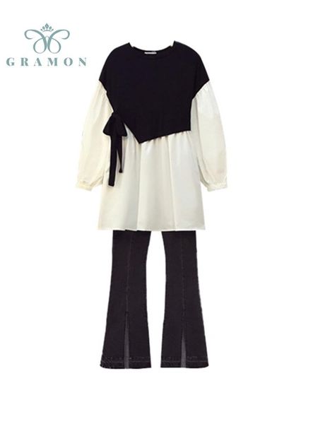 

women's two piece pants plus size sets womens outfits o neck spliced long sleeve shirt and high waist denim flare autumn chic 2 set, White