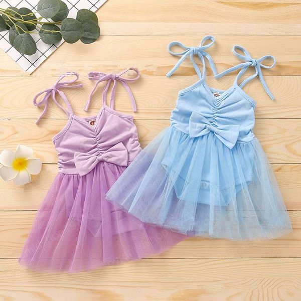 

kids rompers girls sling solid color bow romper infant toddler lace mesh jumpsuits summer fashion baby clothing, Blue