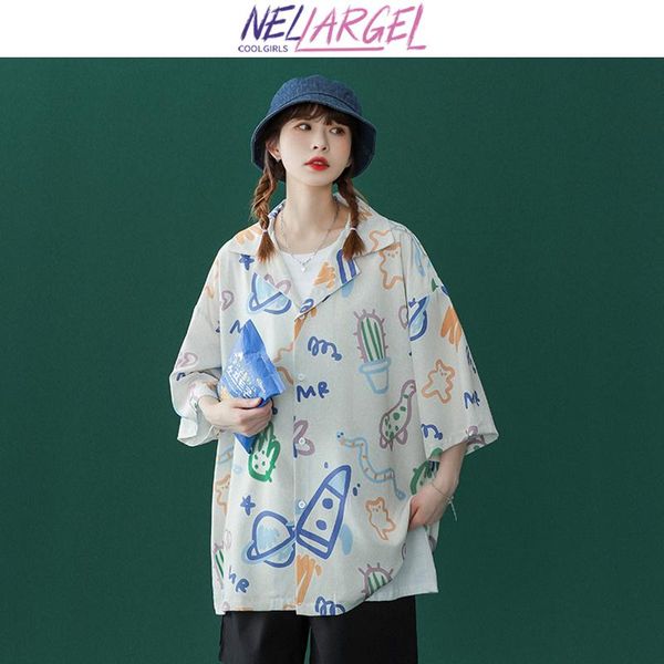 

women's blouses & shirts nellargel women cartoon kawaii harajuku 2021 summer female button up vintage streetwear girl hip hop white blo