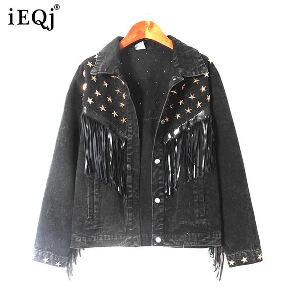 

women's jackets ieqj loose fit korean style tassel stitching denim jacket lapel long sleeve women coat fashion spring autumn 2021 3f117, Black;brown
