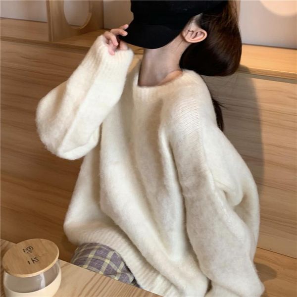 

women 2021 autumn winter fashion loose thicken sweater female o-neck pullover ladies solid color knitted d634, White;black