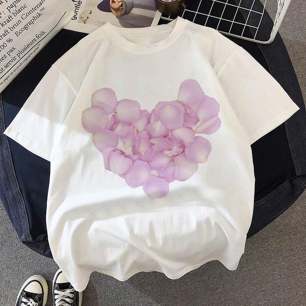

love heart flowers printed women t shirt harajuku t shirt women cute t-shirt funny cartoon aesthetic female t-shirt tee top, White