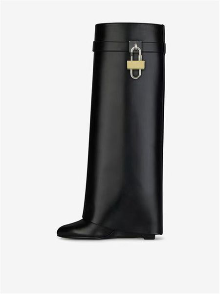 

designer luxury shark lock pant knee high boots black leather women's boot with with original box