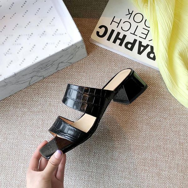 

slippers summer shoes women leather 5.5cm square heels sandals black white ladies casual