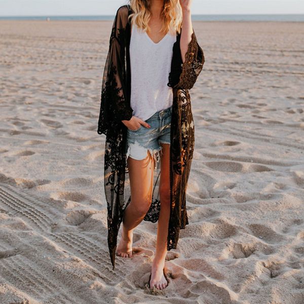 

beach pareo women lace cardigan kaftan shawl coat wear swimwear cover up blouse 2021 bathing suit cape for swimsuit, White;black