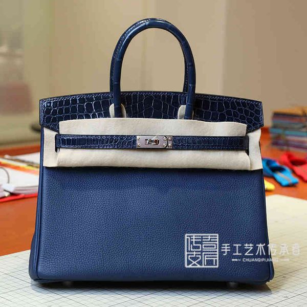 

designer handbags 2021 women's herme ag togo spell crocodile leather treasure blue touch 25cm silver buckle handbag bb
