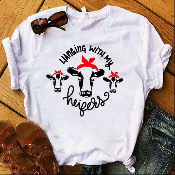 

women lady t shirt hanging with my heifers print tshirt ladies short sleeve tee shirt women female clothes graphic t shirt, White