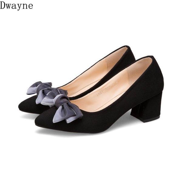

dress shoes womens korean wild butterfly-knot pointed shallow mouth suede single shoe square heel high heels temperament elegant pumps, Black