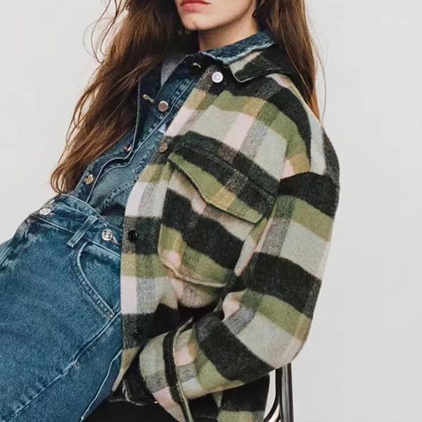 

women's jackets 2021 woman plaid overshirt autumn vintage lapel long sleeves chic pocket casual loose button green female shirt coats, Black;brown