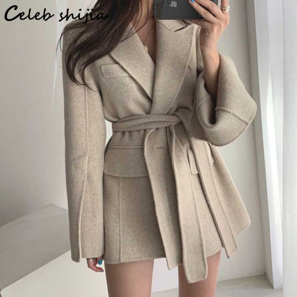 

vintage woolen coats and jackets women winter thicken lace up single button tweed jacket female korean autumn korean blends 210930, Black