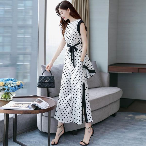 

women's tracksuits 2021 summer fashion wave point printed sleeveless chiffon shirt +slit wide leg pants suits female 2 piece outfits se, Gray