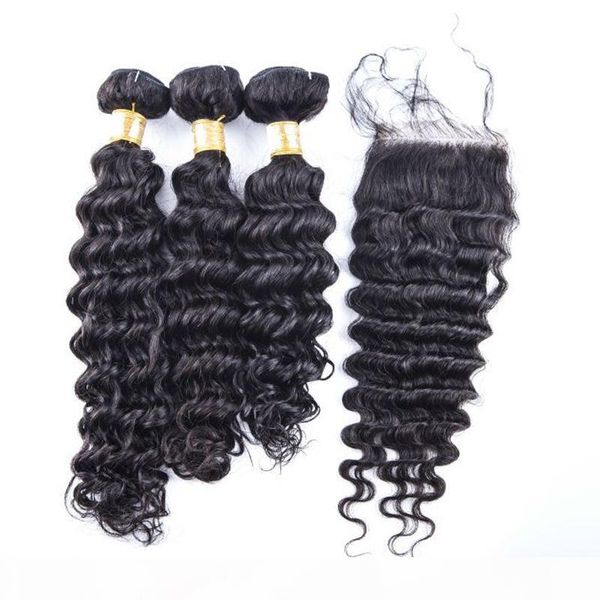 

100% real virgin remy peruvian hair bundles weaving 4pcs lot deep wave human hair with closure 4x4" bleached knots, Black