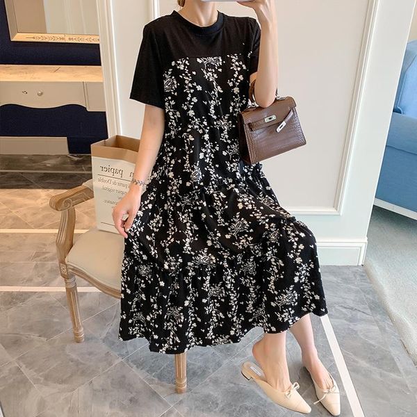 

maternity dresses summer clothes black floral dress cotton patchwork chiffon empire maxi loose pregnant women a-line -4xl, White
