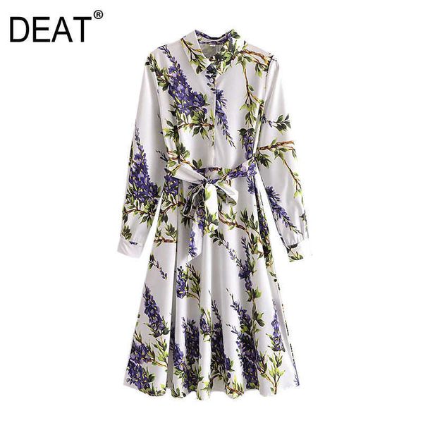 

[deat] spring fashion turn-down collar high waist knee-length sashes long sleeve printing elegant dress 13c795 210527, Black;gray