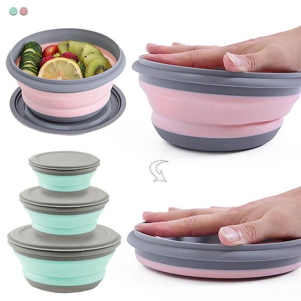 

dinnerware sets 3pcs silicone lunch box foldable tableware container fruit salad bowl for kids picnic camping bento lunchbox