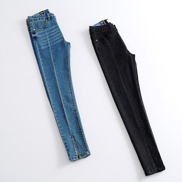 

women's jeans european and american washed stitching feet pants women autumn side opening denim, Blue