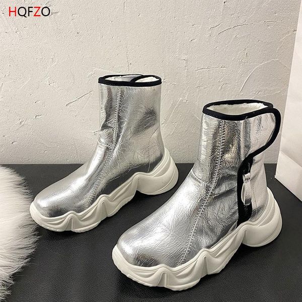 

boots hofzo women winter sneakers hook loop snow casual platform plush ankle non-slip thick bottom round toe botines, Black