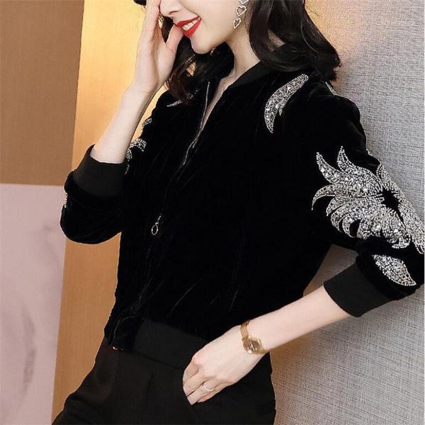 

women's jackets gold velvet jacket short sequined coats women loose long-sleeve zipper outwear baseball uniform streetwear chaqueta cor, Black;brown