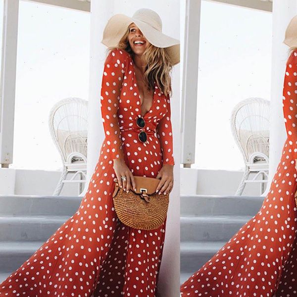 

red dress new fall womens holiday dots slit ladies bohemian sashes maxi long sleeve high split printed autumn dress, Black;gray