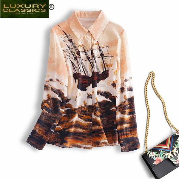 

women's blouses & shirts 100% real silk vintage blouse women spring autumn clothes 2021 korean elegant shirt fashion ladies print 347, White
