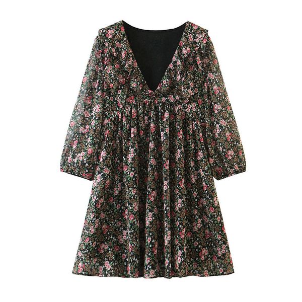 

2021 new women chic floral print ruffled mini fashion deep v neck long sleeve female draped es vestidos mujer 9hjg, Black;gray