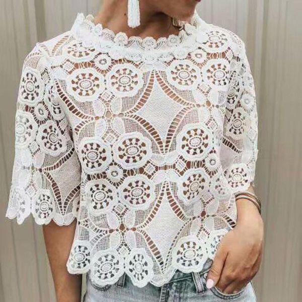 

women's t-shirt fashion t-shirts for women o-neck solid color lace hollowing out casual half sleeve summer, White