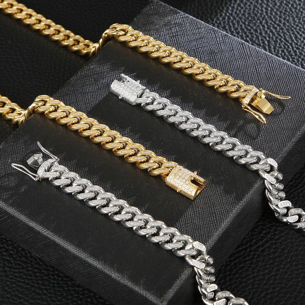 

chains hiphiop 12mm cuban link curb chain necklace for men heavy strong golden stainless steel miami bling men's necklaces, Silver