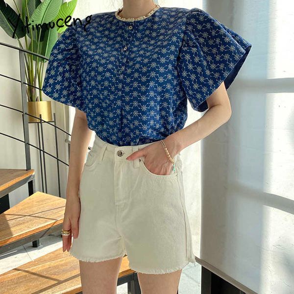 Yitimuceng floral blusa mulheres enorme camisas coreanas moda voador de manga escritório senhora luz azul escuro azul tops verão 210601