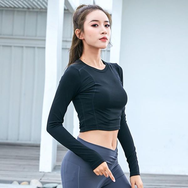 

yoga outfits women sports shirt slim gym fitness running crop elastic quick dry long sleeves thumb hole t-shirts girls clothes, White;red