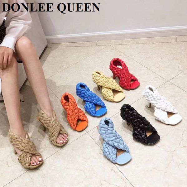 

fashion brand weave sandals women comfortable soft high heels 9cm mule 2021 spring shoes casual gladiator sandal for party mujer, Black