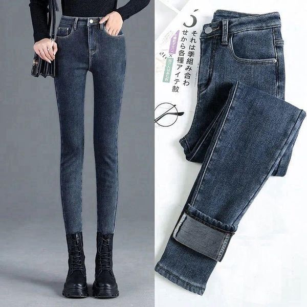 

women's jeans winter high waist stretch trouser women skinny pant fleece warm slim fit ladies casual denim pencil pants 2021, Blue