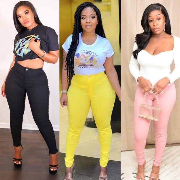 

women's jeans fashion women lady denim skinny pants high waist stretch slim pencil casual yellow pink, Blue