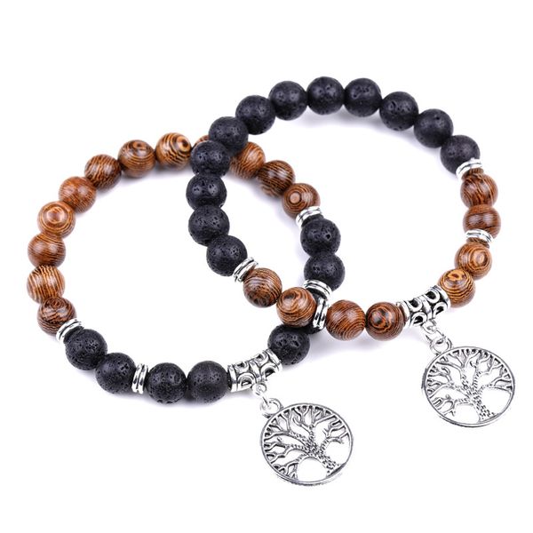 

natural volcanic rock stone beaded bracelet ancient life tree tassel chicken wings wood beads jewelry women men strands bracelets, Black
