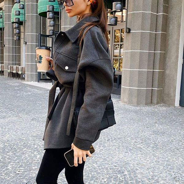 

2021 new woollen oversized bat sleeved women blouse coat loose casual lady jacket outwear with belt sashes spring pockets korean style up2o, Black